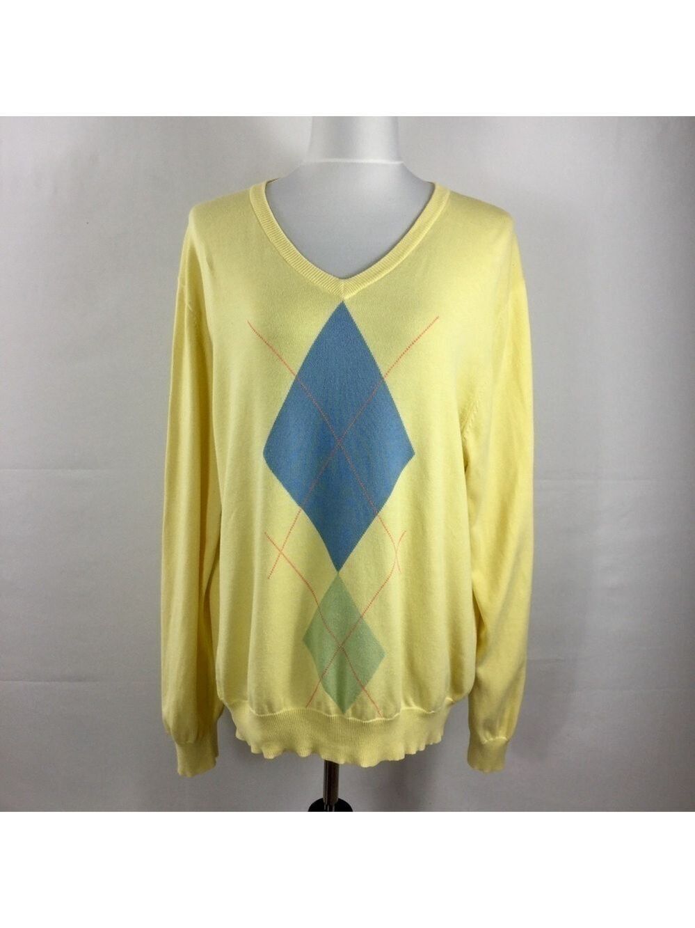 Vintage Men's V-Neck Yellow Argyle Consensus Sportswear Cotton Sweater Size XL